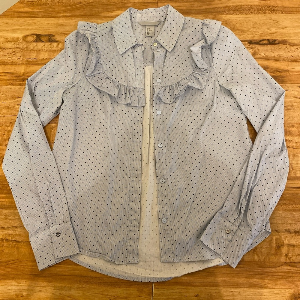 H&M Shirt Womens Size 2 Blue Polka Dots Ruffled Long Sleeve Blouse Minimalist